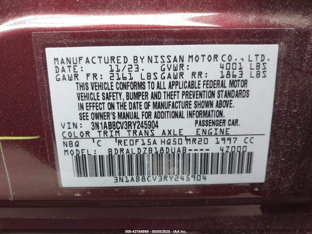 3N1AB8CV3RY245904 Nissan Sentra Sv Xtronic Cvt
