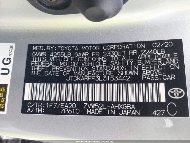 JTDKARFP3L3153442 Toyota 2zr-fxe+1nm+1sm