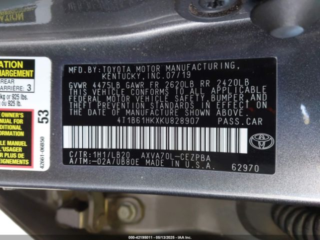 2019 TOYOTA CAMRY 4T1B61HKXKU828907 Photo 8