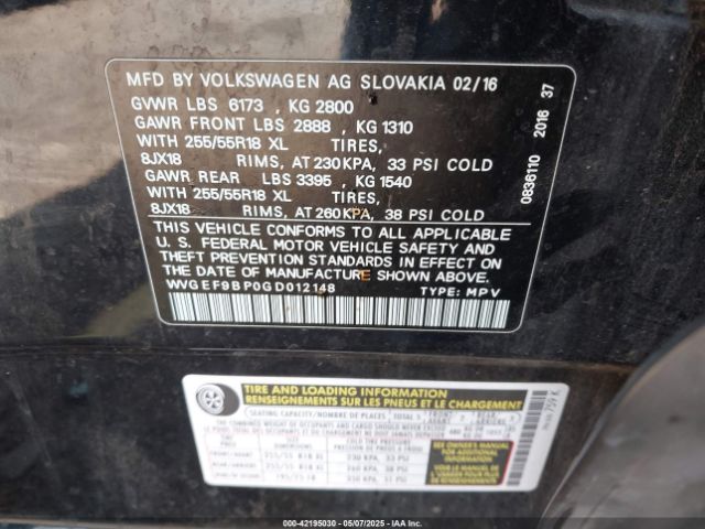 2016 VOLKSWAGEN TOUAREG WVGEF9BP0GD012148 Photo 8