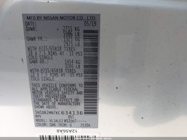 5N1DR2MN7KC634136 Nissan Pathfinder Sv
