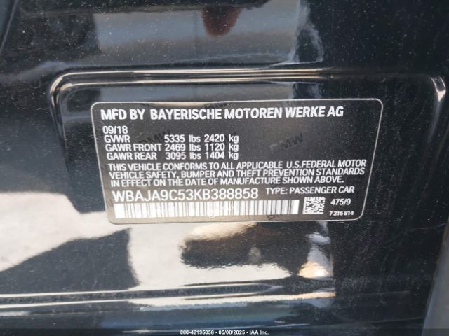 WBAJA9C53KB388858 BMW 2019