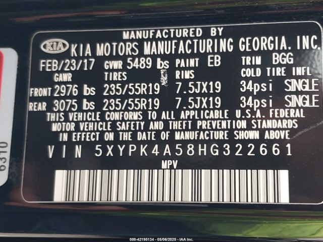 5XYPK4A58HG322661 KIA Sorento 3.3l Sx