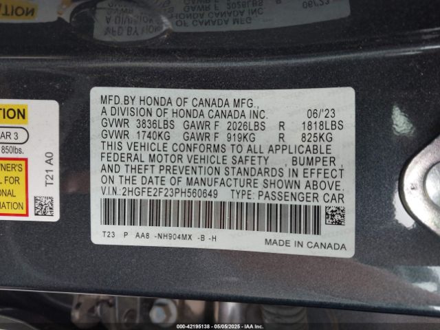 2HGFE2F23PH560649 Honda Civic Lx