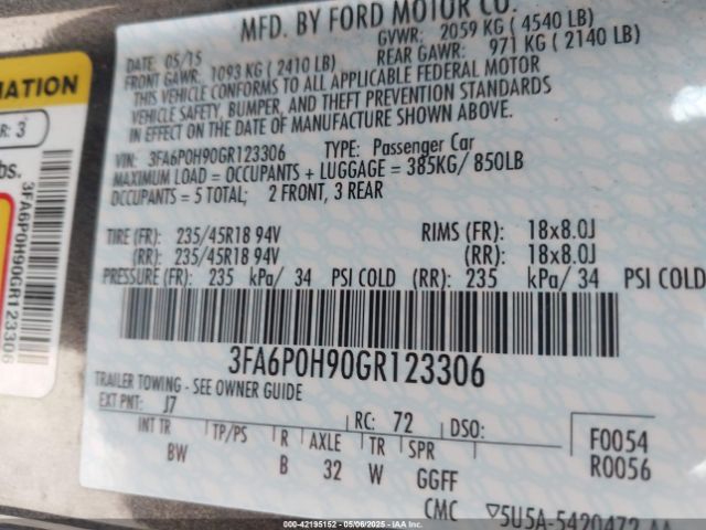 3FA6P0H90GR123306 Ford FUSION SE