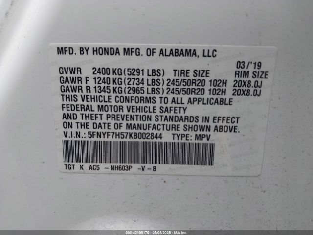 5FNYF7H57KB002844 Honda Passport Ex-l