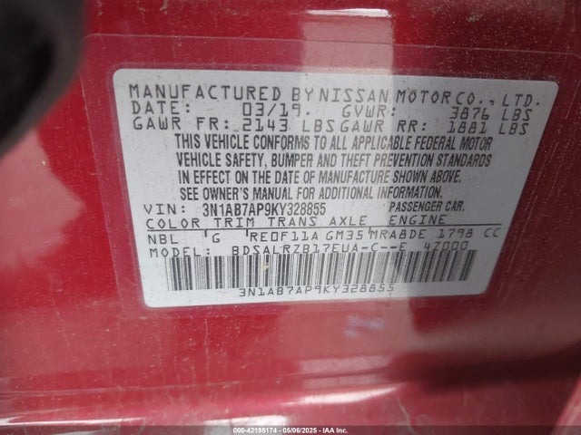 3N1AB7AP9KY328855 Nissan SENTRA SR