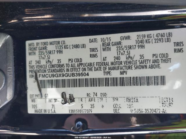 1FMCU9GX9GUB39504 Ford ESCAPE SE