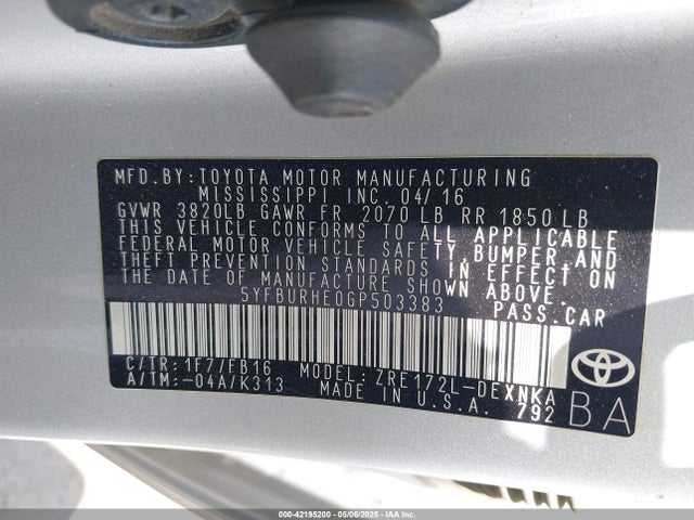 5YFBURHE0GP503383 Toyota COROLLA LE