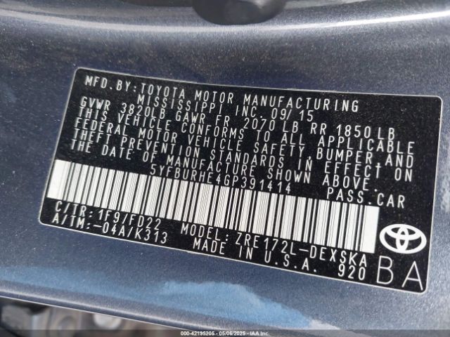 5YFBURHE4GP391414 Toyota Corolla S Plus