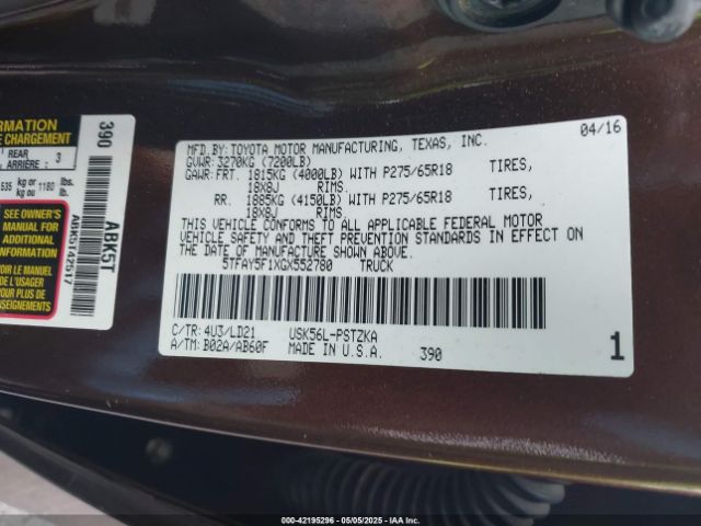 5TFAY5F1XGX552780 Toyota 3ur-fe