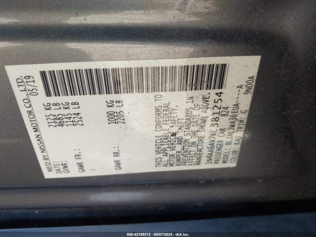 1N4AA6AV7KC381254 Nissan Maxima 3.5 Sv
