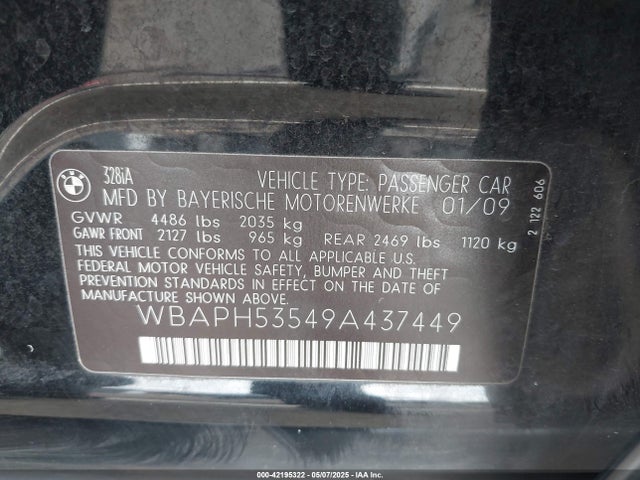 42195322 :رقم المزاد ، WBAPH53549A437449 vin ، 2009 Bmw 328i مزاد بيع