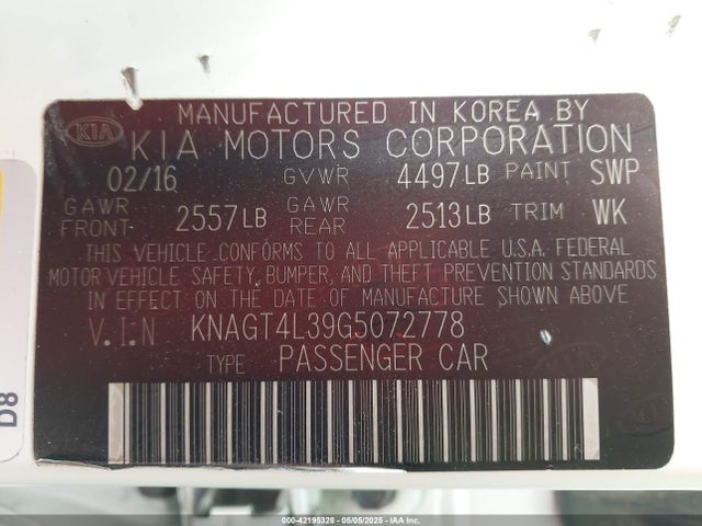 KNAGT4L39G5072778 KIA Optima Lx