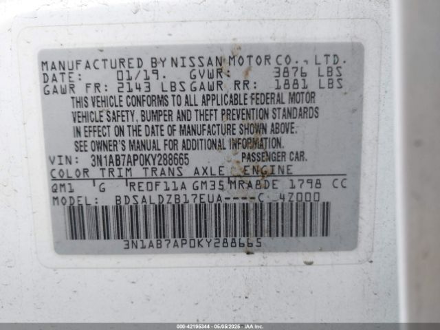 3N1AB7AP0KY288665 Nissan 2019
