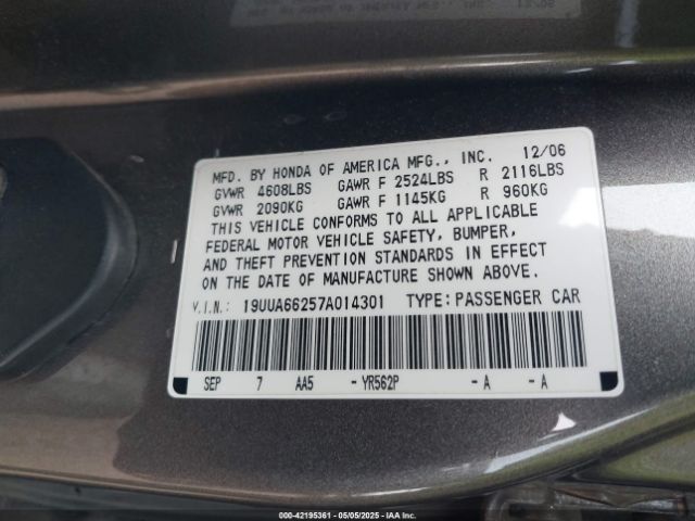 2007 ACURA TL 19UUA66257A014301 Photo 8