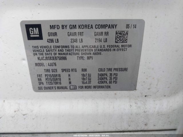 KL4CJBSB3EB750986 Buick Encore Convenience