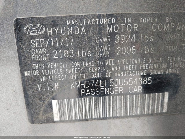 KMHD74LF5JU554385 Hyundai ELANTRA SE
