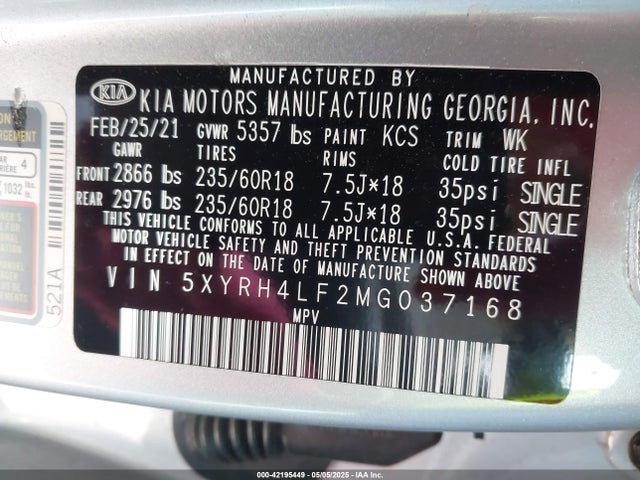 2021 Kia Sorento Ex მანქანა იყიდება აუქციონზე, vin: 5XYRH4LF2MG037168, აუქციონის ნომერი: 42195449