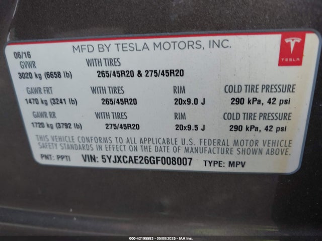 2016 TESLA MODEL X 5YJXCAE26GF008007 Photo 8