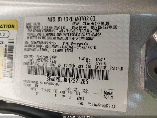 Ford 2.0l 4v atk hev 2017 3FA6P0LU8HR221285 Image 9