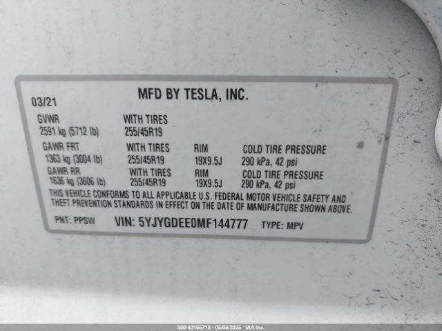 5YJYGDEE0MF144777 Tesla Model Y Long Range Dual Motor All-wheel Drive