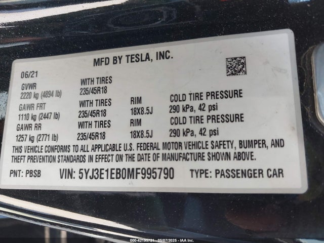 2021 TESLA MODEL 3 5YJ3E1EB0MF995790 Photo 8