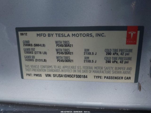 2012 TESLA MODEL S 5YJSA1DN5CFS00184 Photo 8