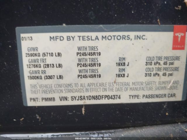 2013 TESLA MODEL S 5YJSA1DN8DFP04374 Photo 8