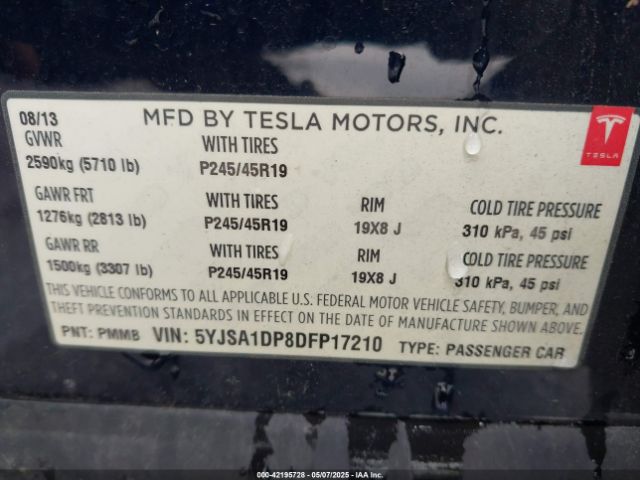 2013 TESLA MODEL S 5YJSA1DP8DFP17210 Photo 8