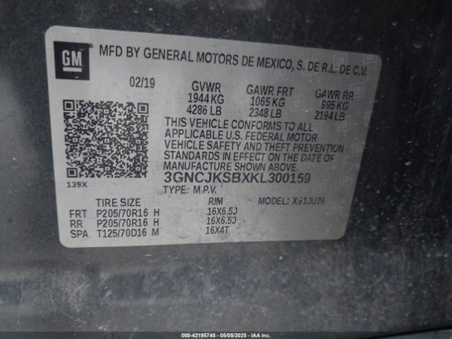 3GNCJKSBXKL300159 Chevrolet TRAX LS