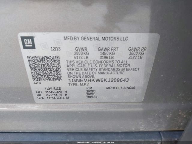 1GNEVHKW6KJ209643 Chevrolet Traverse 3lt