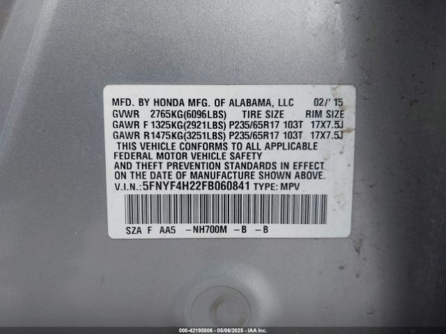 5FNYF4H22FB060841 Honda PILOT LX
