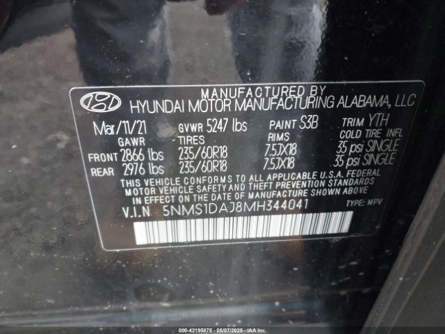 5NMS1DAJ8MH344041 Hyundai Santa Fe Se