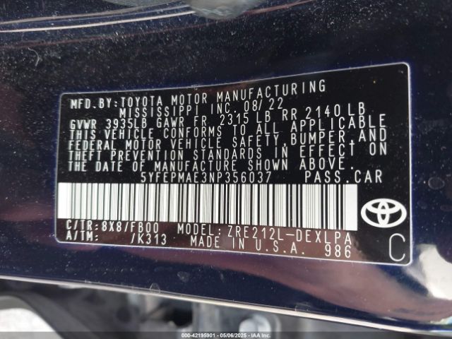 5YFEPMAE3NP356037 Toyota COROLLA LE