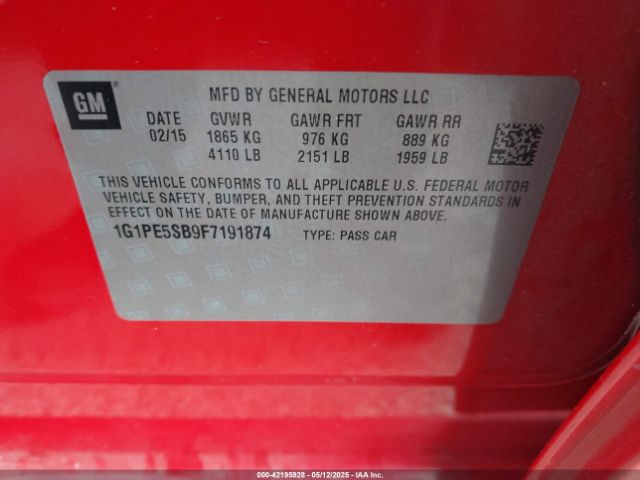 1G1PE5SB9F7191874 Chevrolet Cruze 2lt Auto