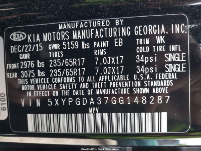 5XYPGDA37GG148287 KIA Sorento 2.4l Lx