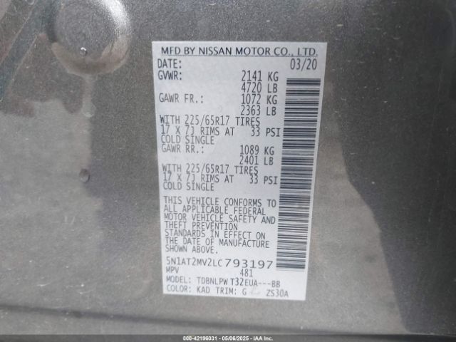 5N1AT2MV2LC793197 Nissan Rogue S Intelligent Awd