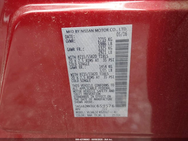 5N1AR2MN3GC659576 Nissan Pathfinder Platinum