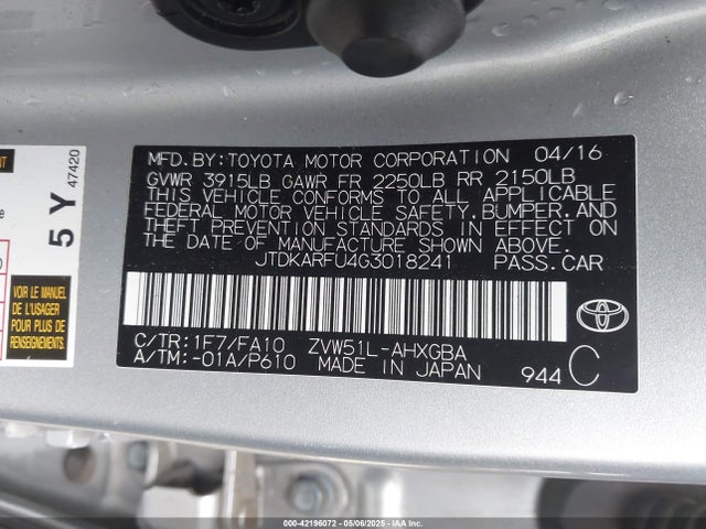 JTDKARFU4G3018241 Toyota 2zr-fxe,1nm