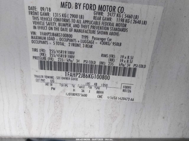1FAHP2J86KG100800 Ford Taurus Limited