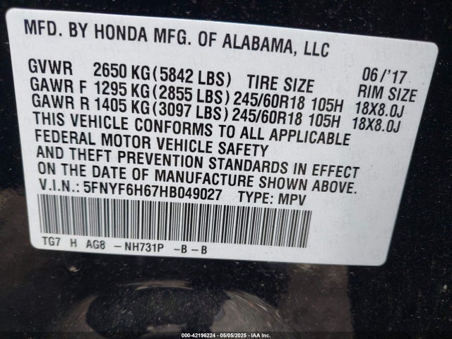 5FNYF6H67HB049027 Honda Pilot Ex-l