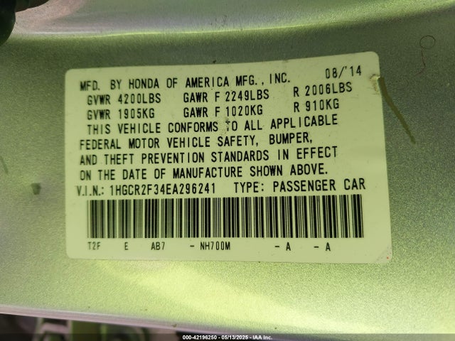 Honda ACCORD LX 2014 1HGCR2F34EA296241 Image 9
