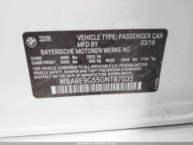 WBA8E9G55GNT87035 BMW 328I