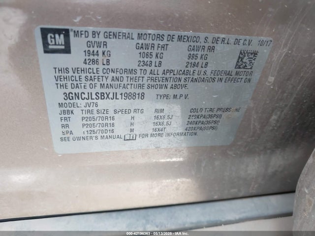 3GNCJLSBXJL198818 Chevrolet Trax Lt