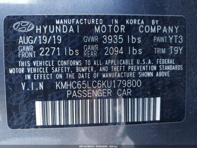 KMHC65LC6KU179800 Hyundai Ioniq Hybrid Blue