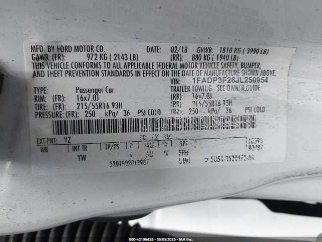 1FADP3F26JL250954 Ford FOCUS SE