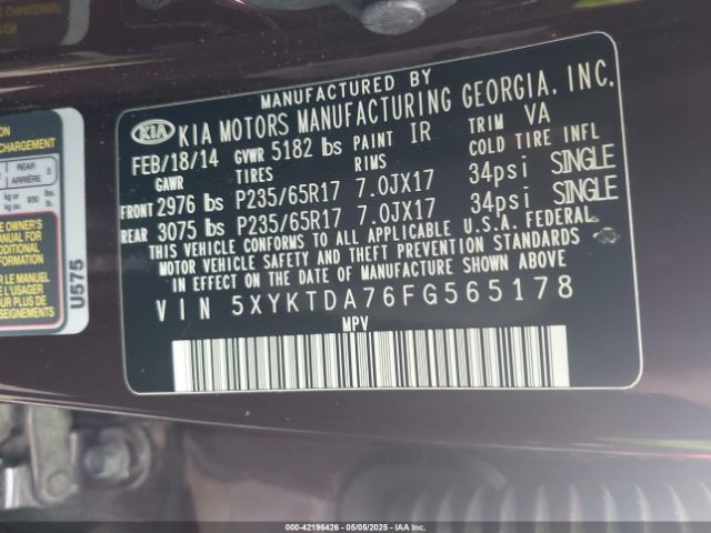 5XYKTDA76FG565178 KIA Sorento Lx V6