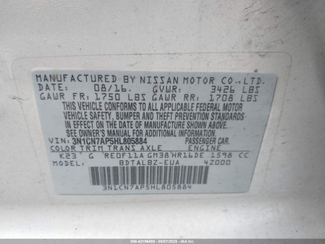 3N1CN7AP5HL805884 Nissan Versa 1.6 S/1.6 S+/1.6 Sl/1.6 Sv
