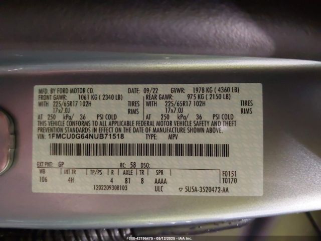 1FMCU0G64NUB71518 Ford ESCAPE SE